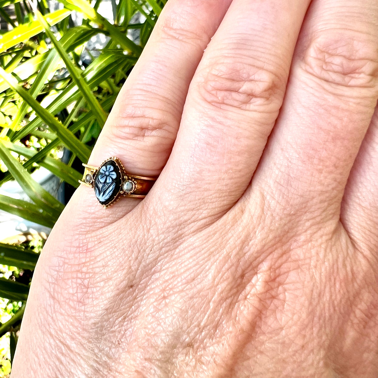 Victorian 15CT Gold Sardonyx and Pearl Forget me Not Memorial Ring