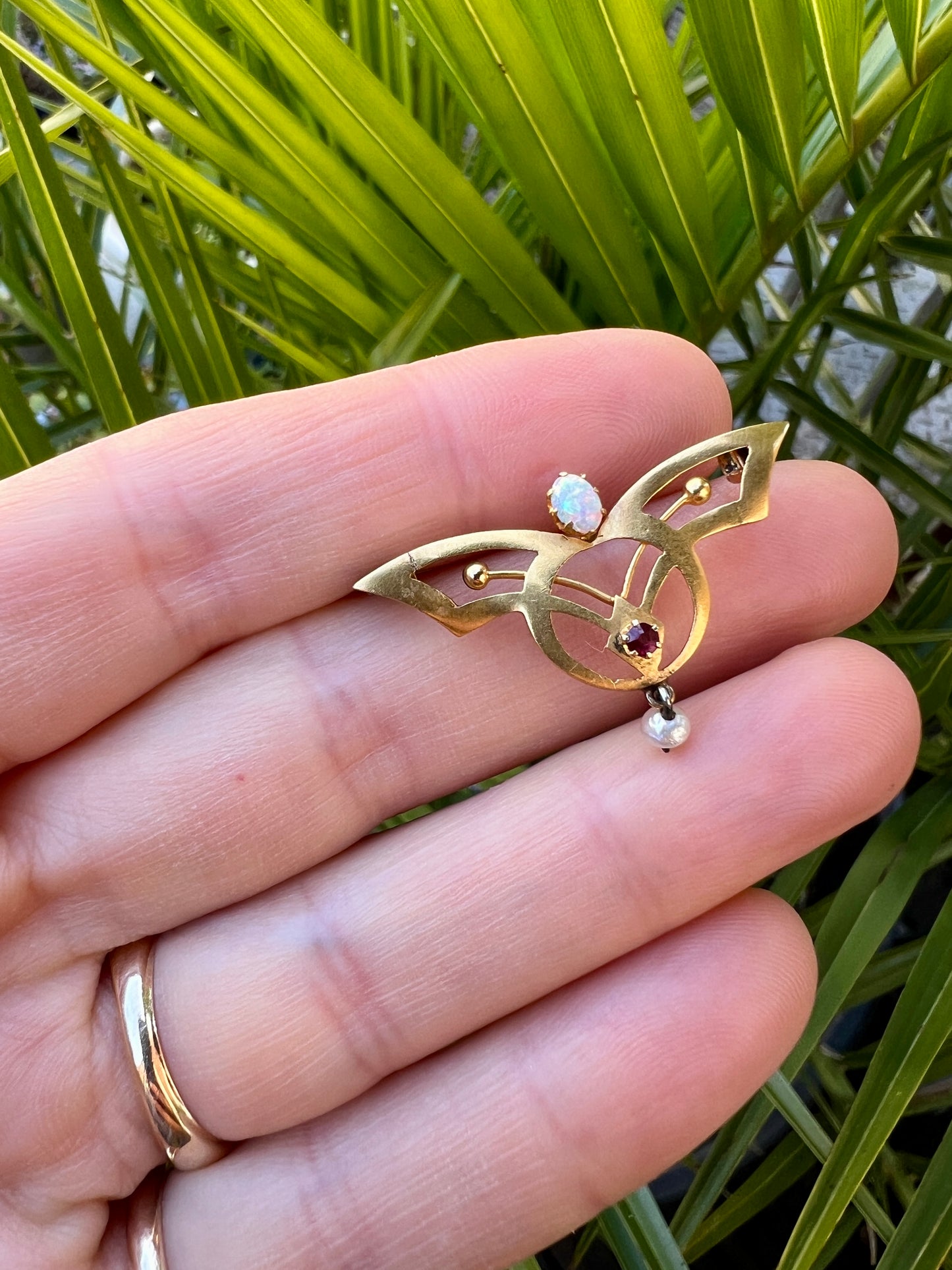 Art Nouveau 18CT Gold Opal Ruby and Pearl Brooch