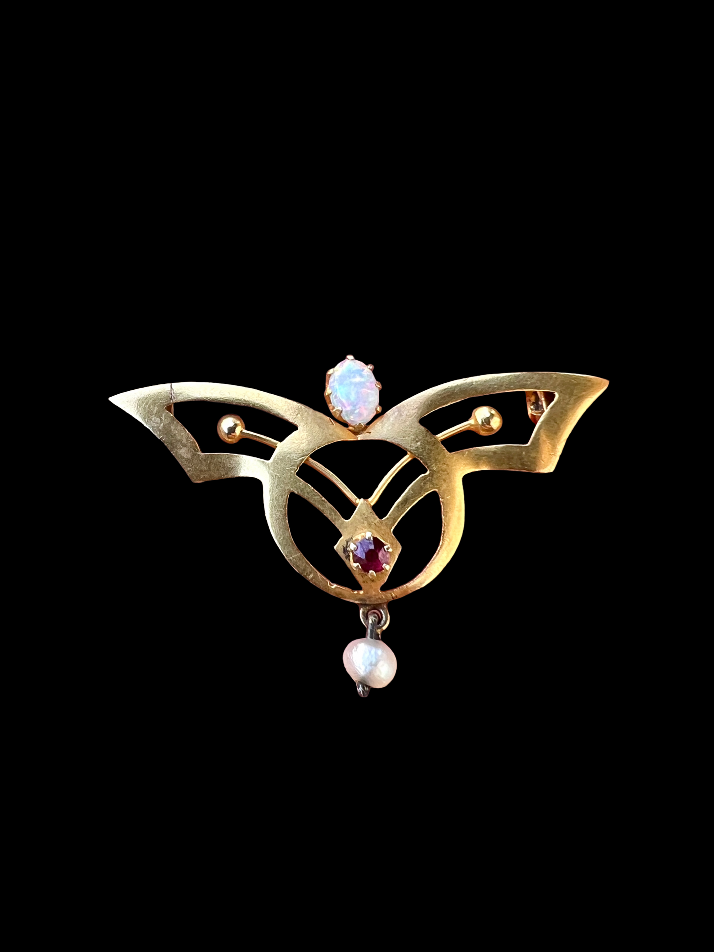 Art Nouveau 18CT Gold Opal Ruby and Pearl Brooch