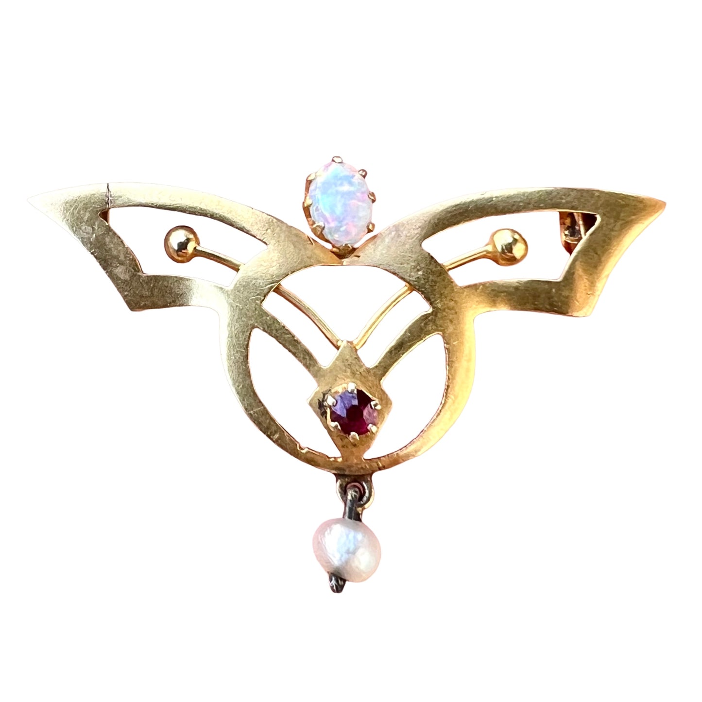 Art Nouveau 18CT Gold Opal Ruby and Pearl Brooch