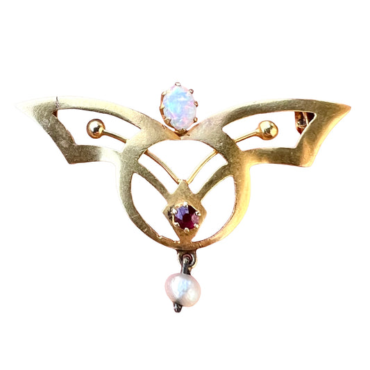 Art Nouveau 18CT Gold Opal Ruby and Pearl Brooch