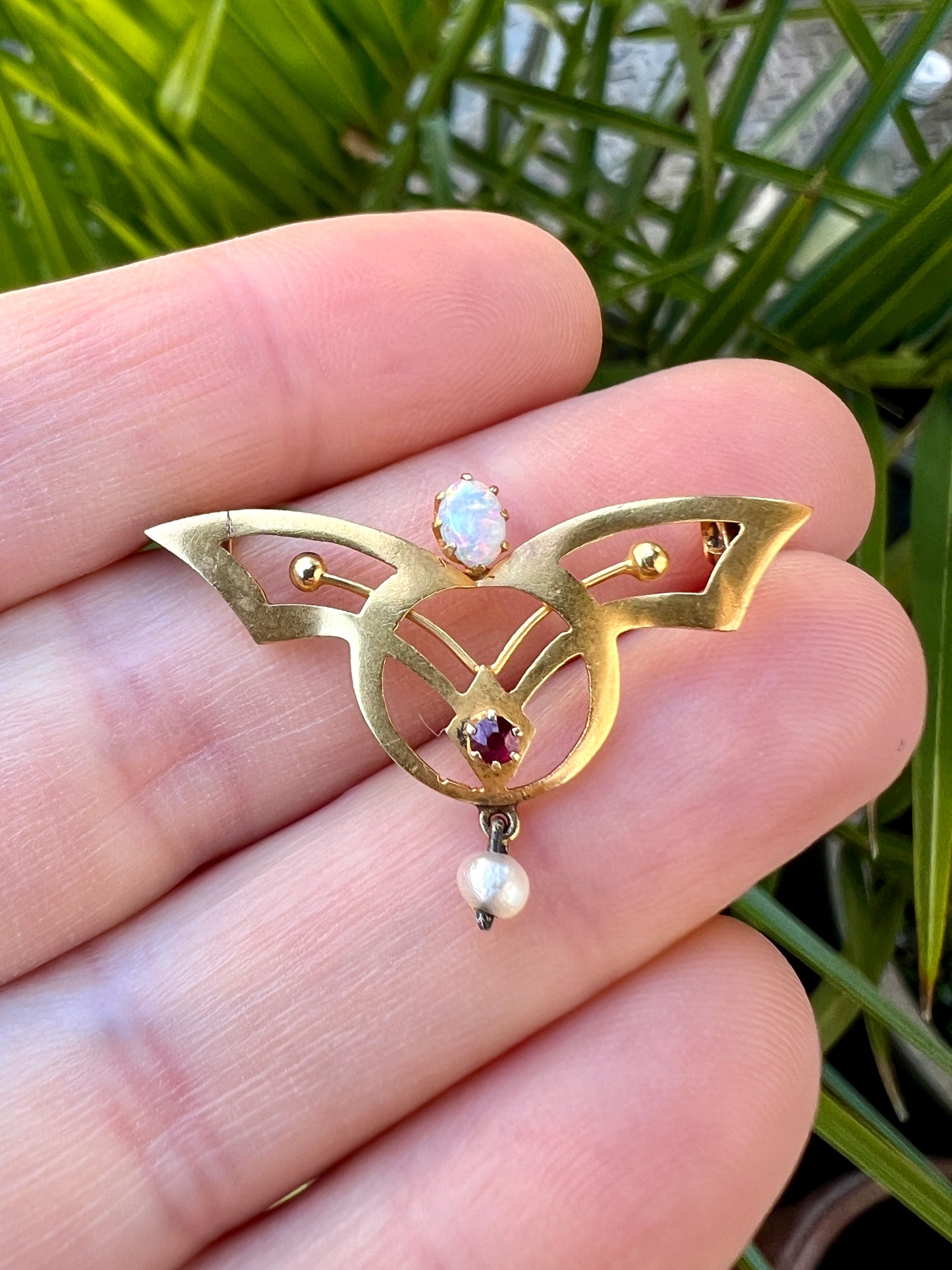 Art Nouveau 18CT Gold Opal Ruby and Pearl Brooch