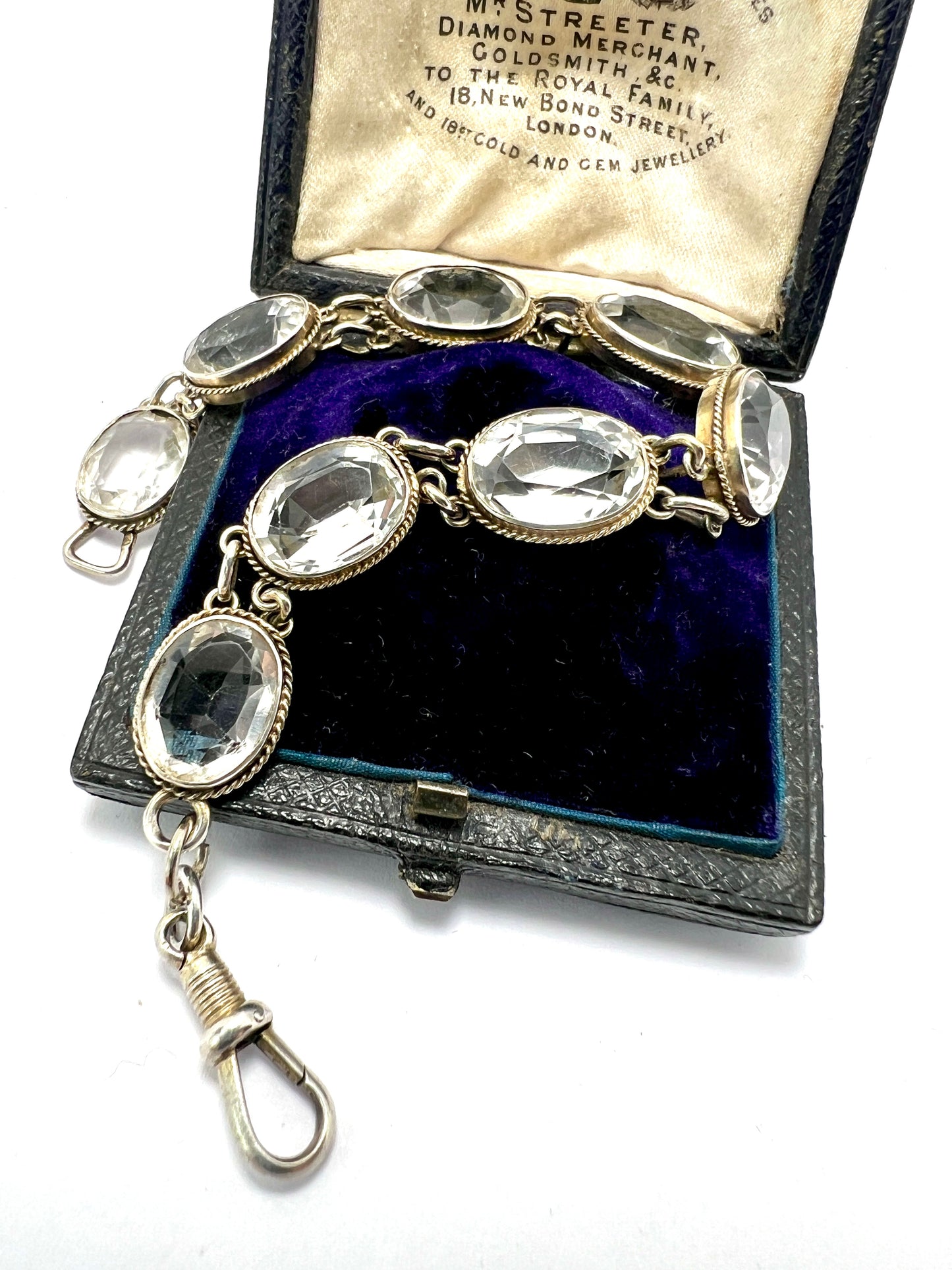 Vintage Rock Crystal Silver Link Bracelet with Dog Clip