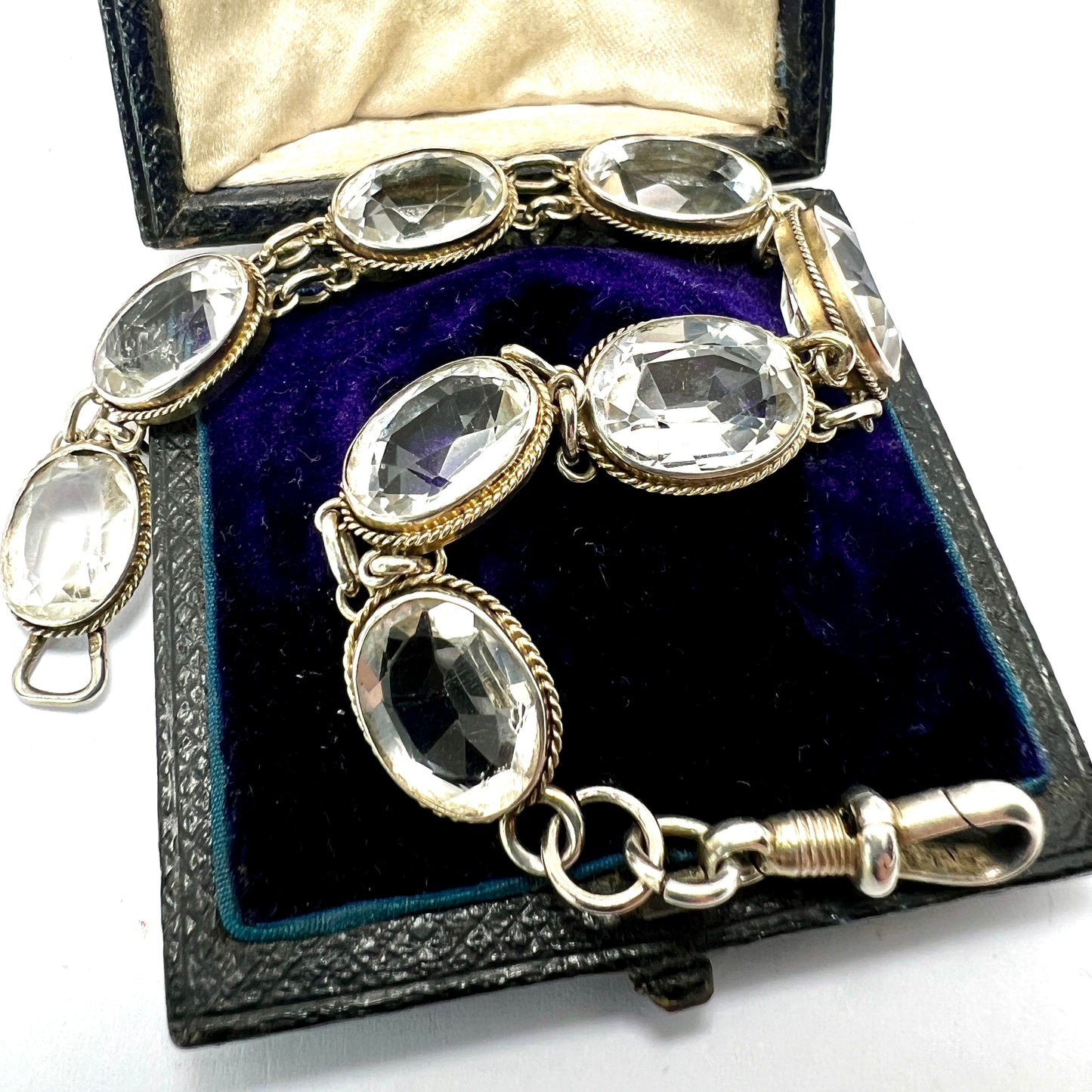 Vintage Rock Crystal Silver Link Bracelet with Dog Clip