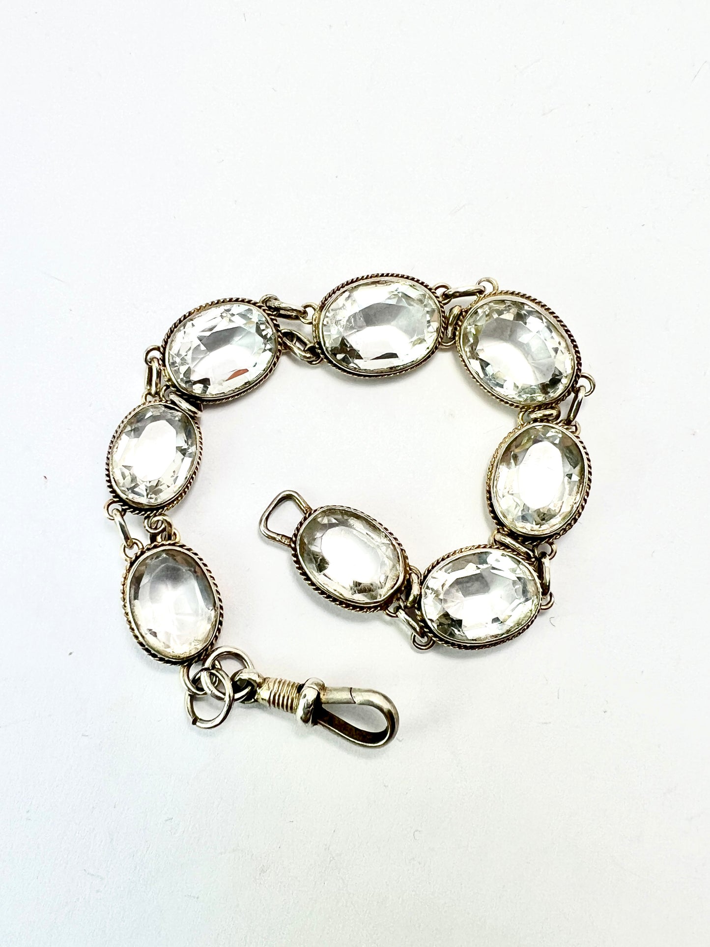 Vintage Rock Crystal Silver Link Bracelet with Dog Clip