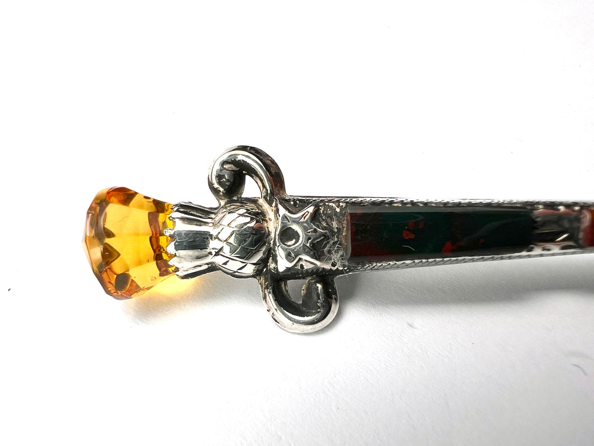 Large Victorian Revival Scottish Silver Agate Dirk Brooch