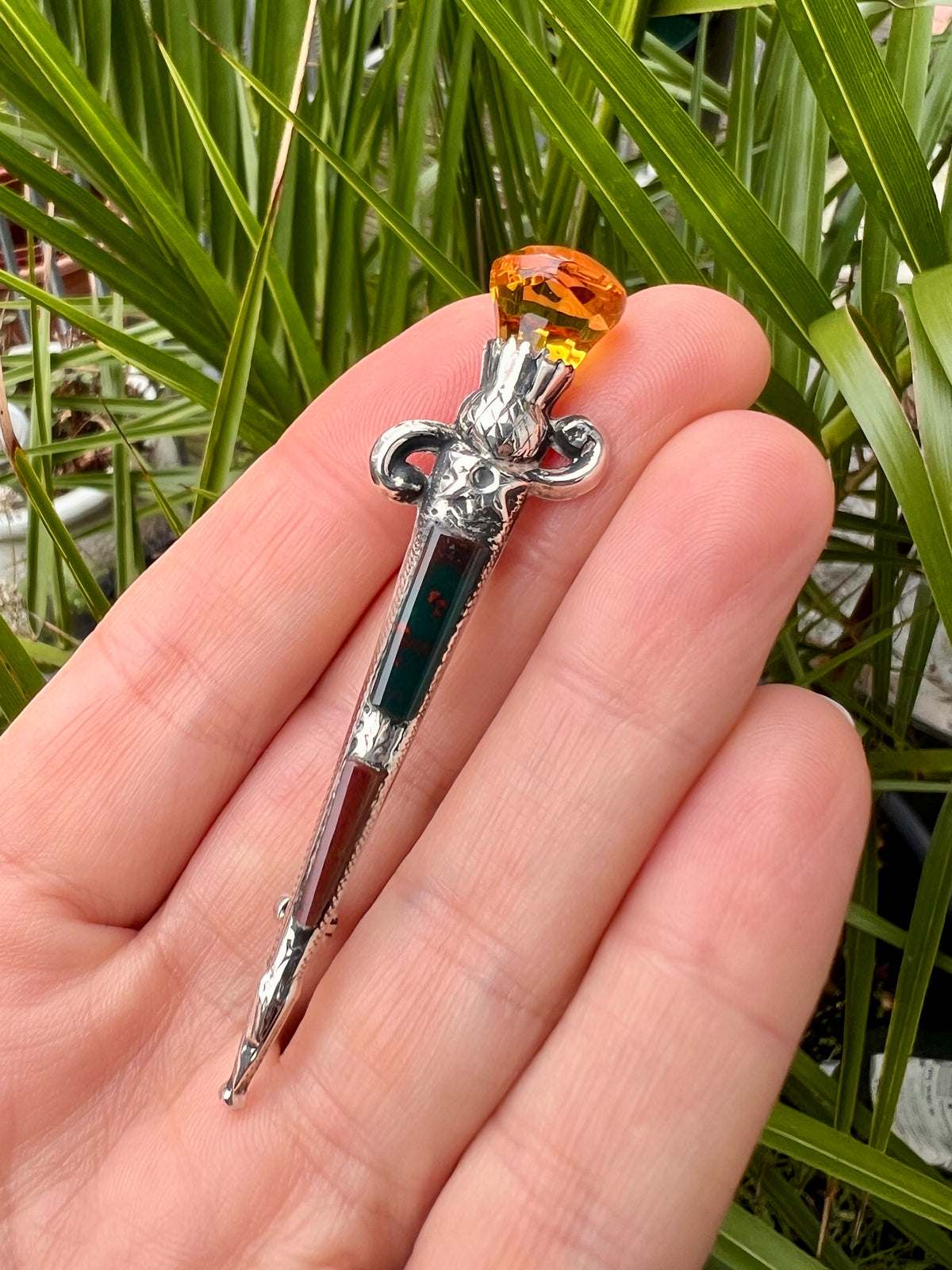 Large Victorian Revival Scottish Silver Agate Dirk Brooch