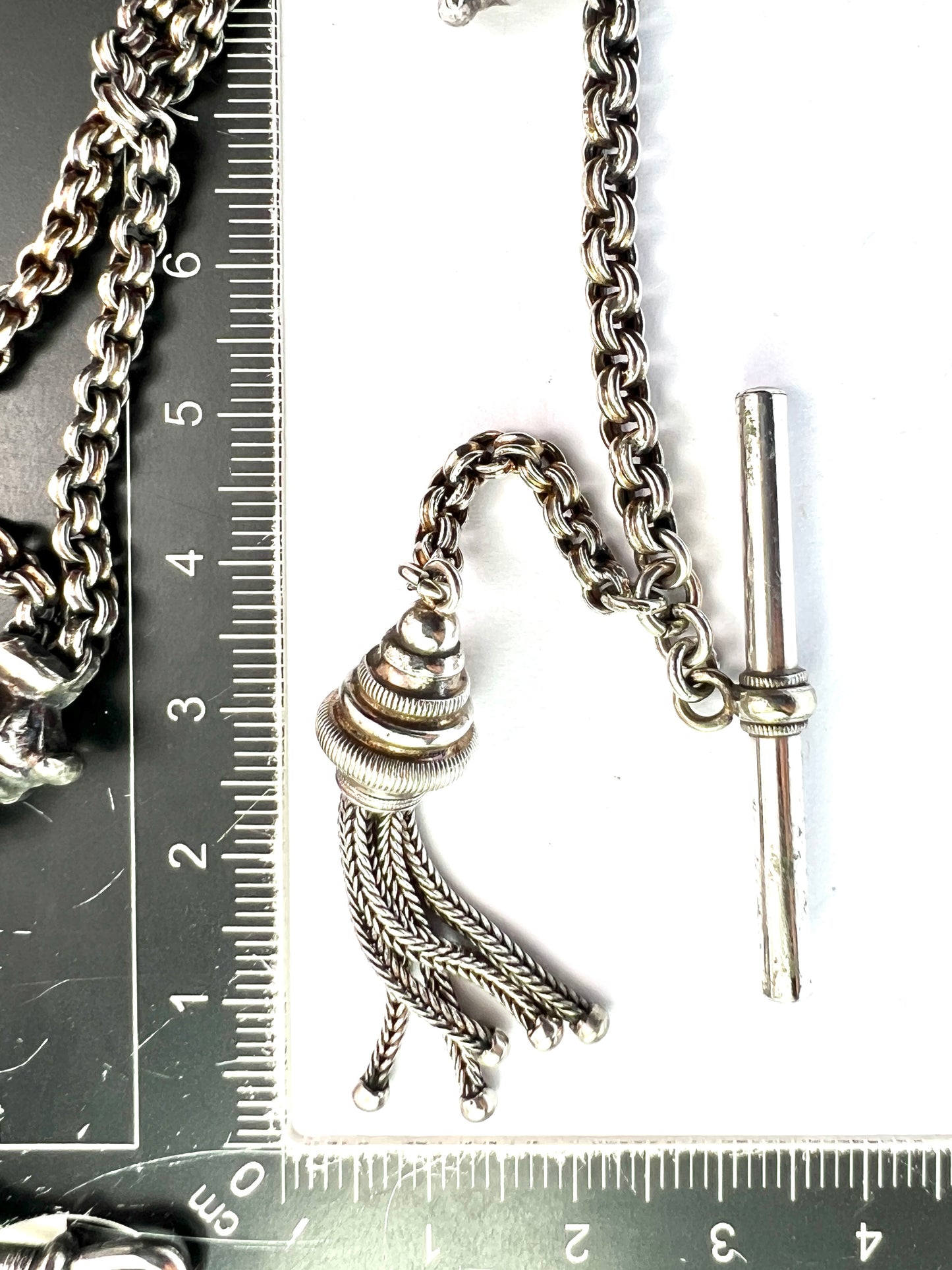 Antique Silver Albertina Watch Chain with T Bar and Tassel Fob