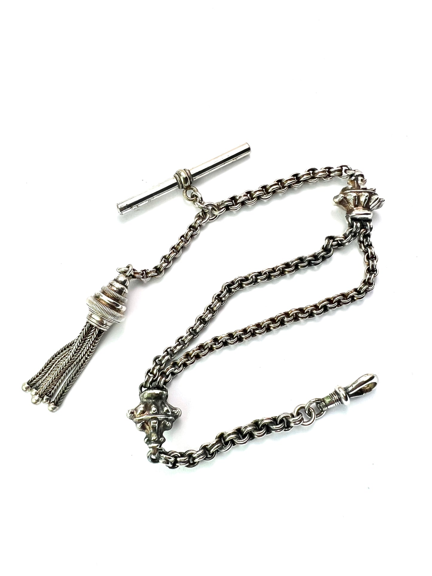 Antique Silver Albertina Watch Chain with T Bar and Tassel Fob