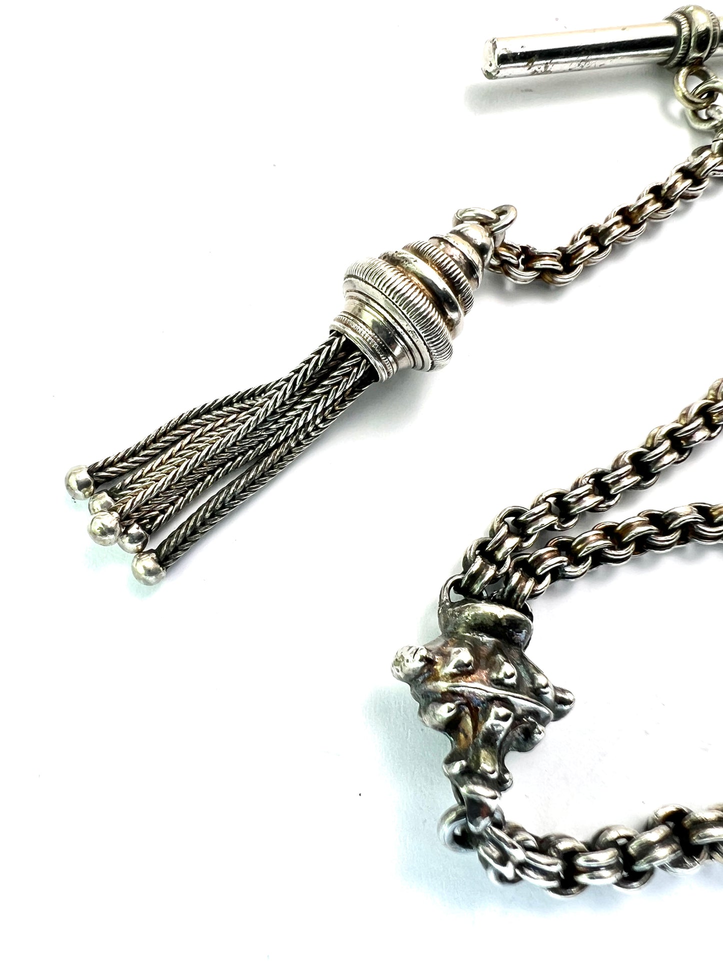 Antique Silver Albertina Watch Chain with T Bar and Tassel Fob