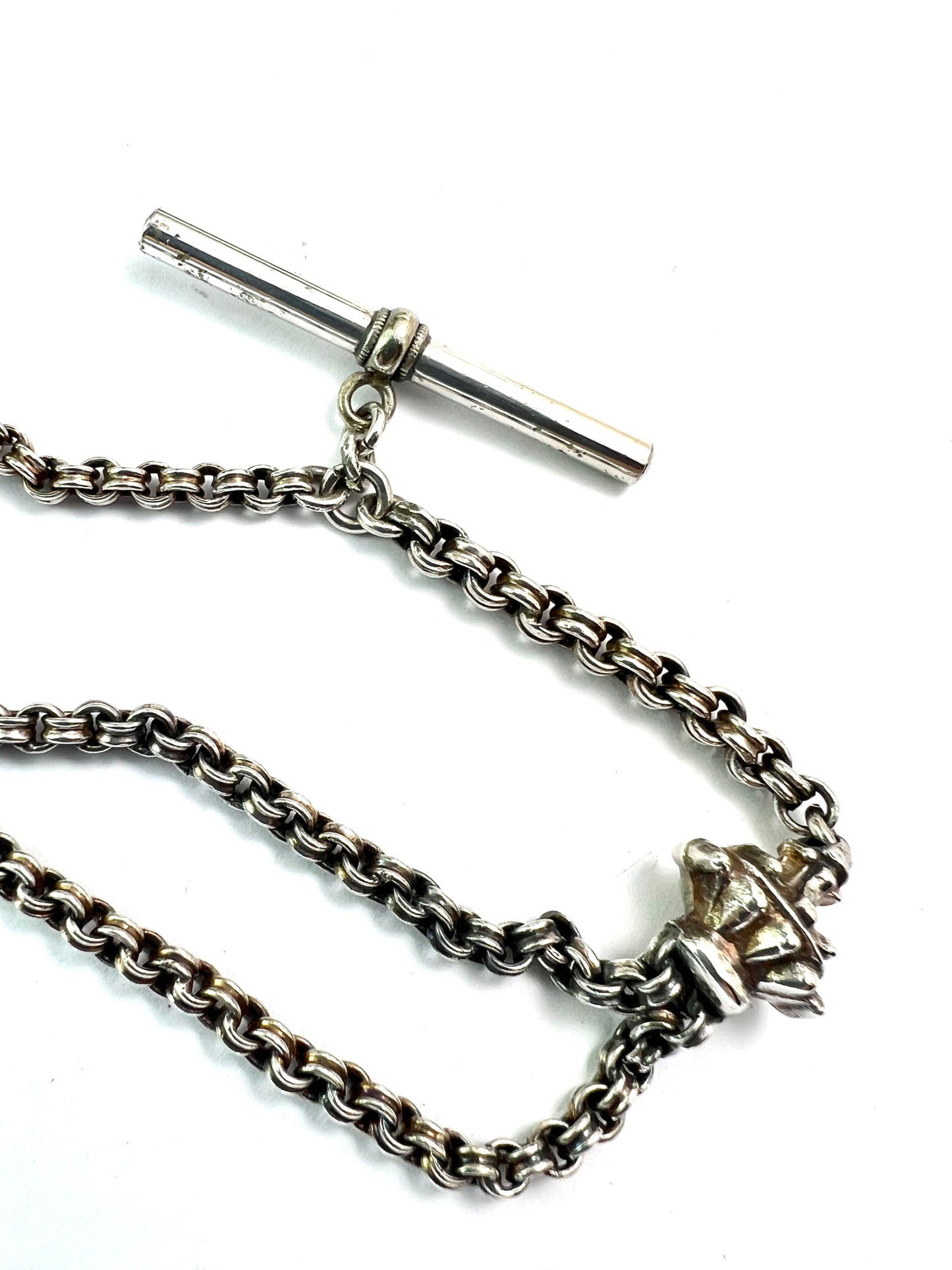 Antique Silver Albertina Watch Chain with T Bar and Tassel Fob