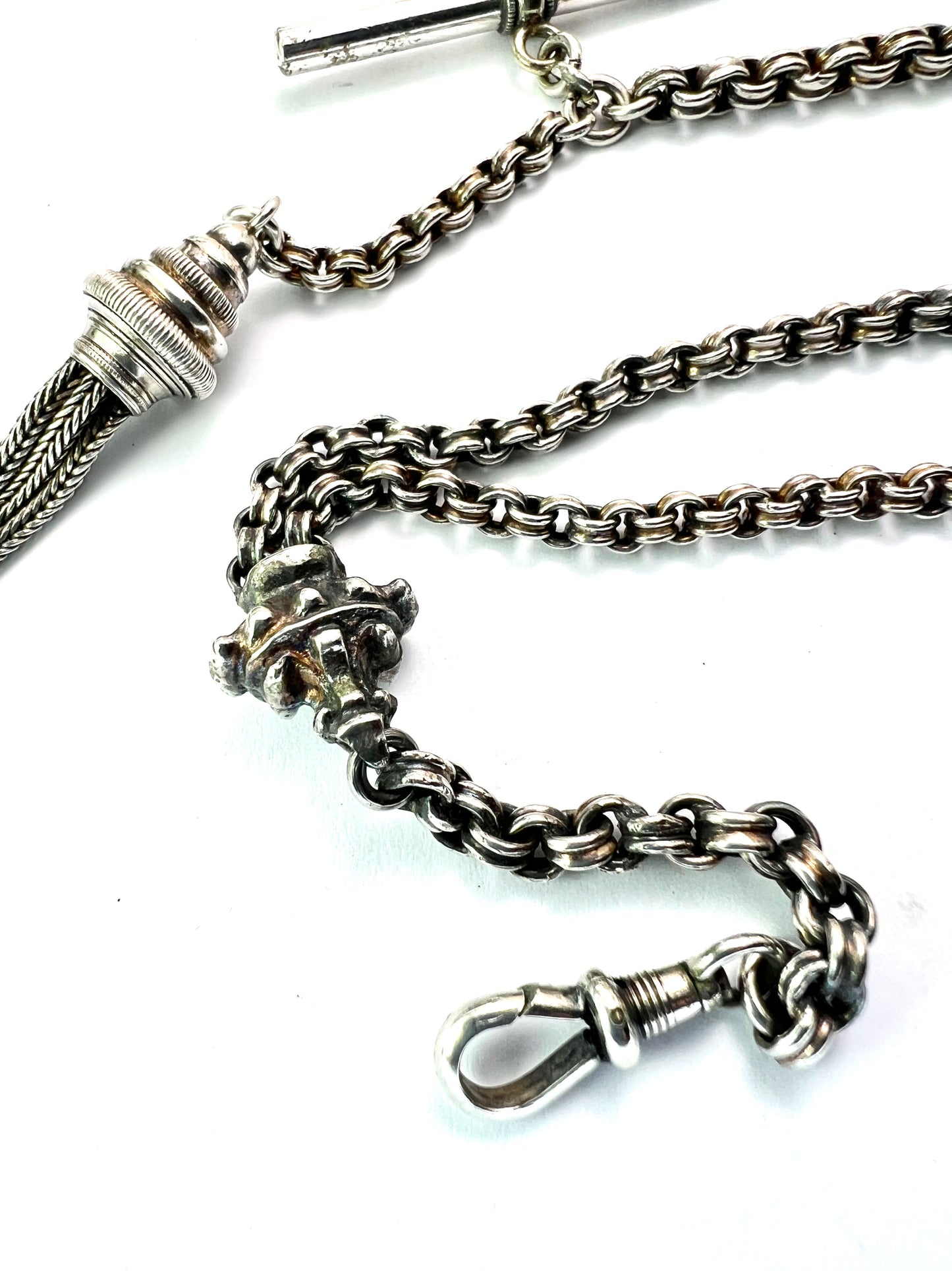 Antique Silver Albertina Watch Chain with T Bar and Tassel Fob