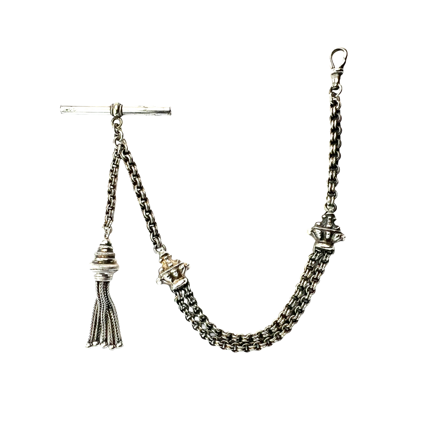 Antique Silver Albertina Watch Chain with T Bar and Tassel Fob