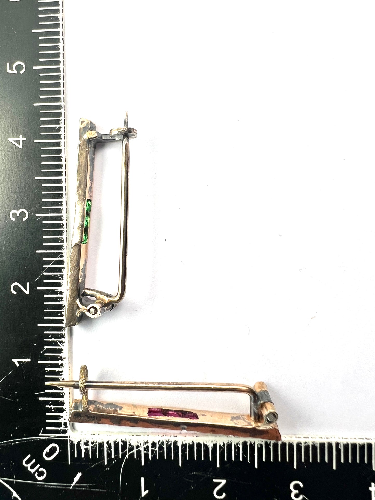 Pair of Small Art Deco Ruby and Emerald Paste Brooches