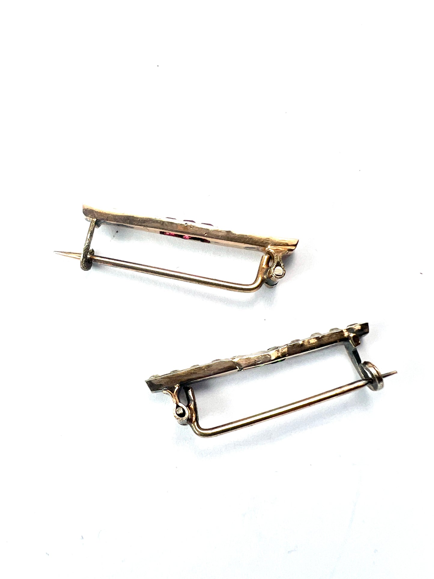 Pair of Small Art Deco Ruby and Emerald Paste Brooches