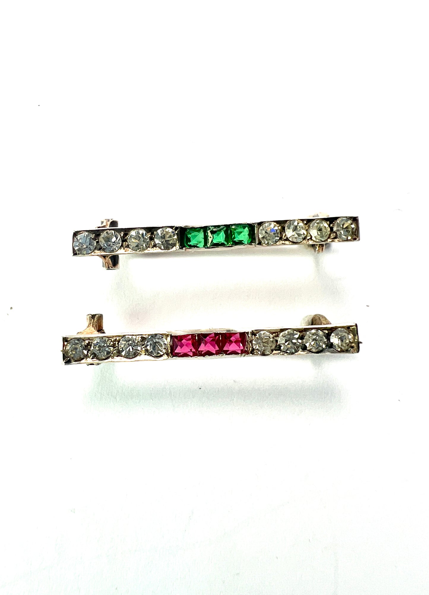 Pair of Small Art Deco Ruby and Emerald Paste Brooches