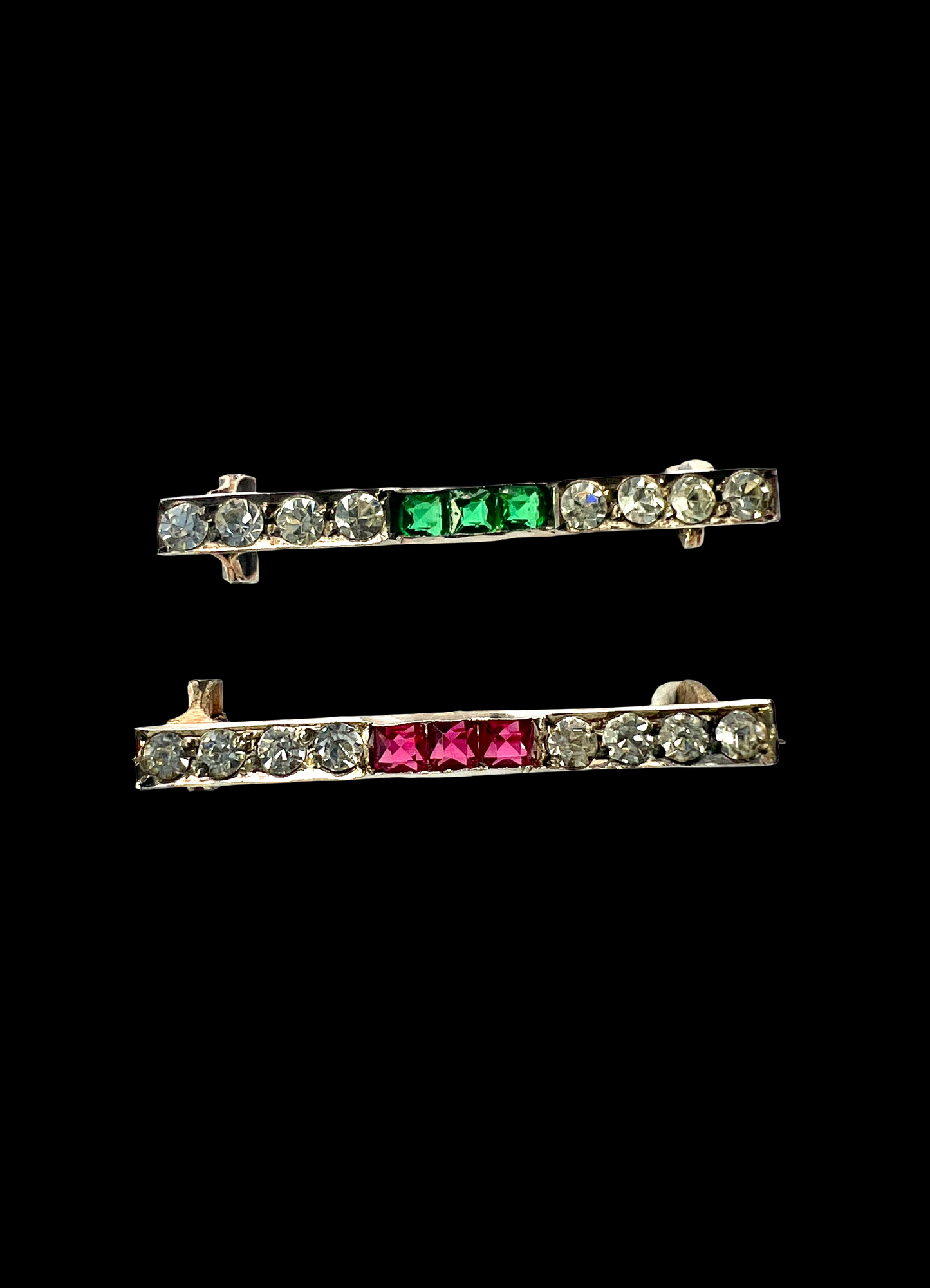 Pair of Small Art Deco Ruby and Emerald Paste Brooches