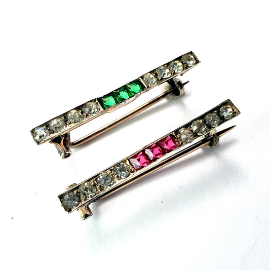 Pair of Small Art Deco Ruby and Emerald Paste Brooches