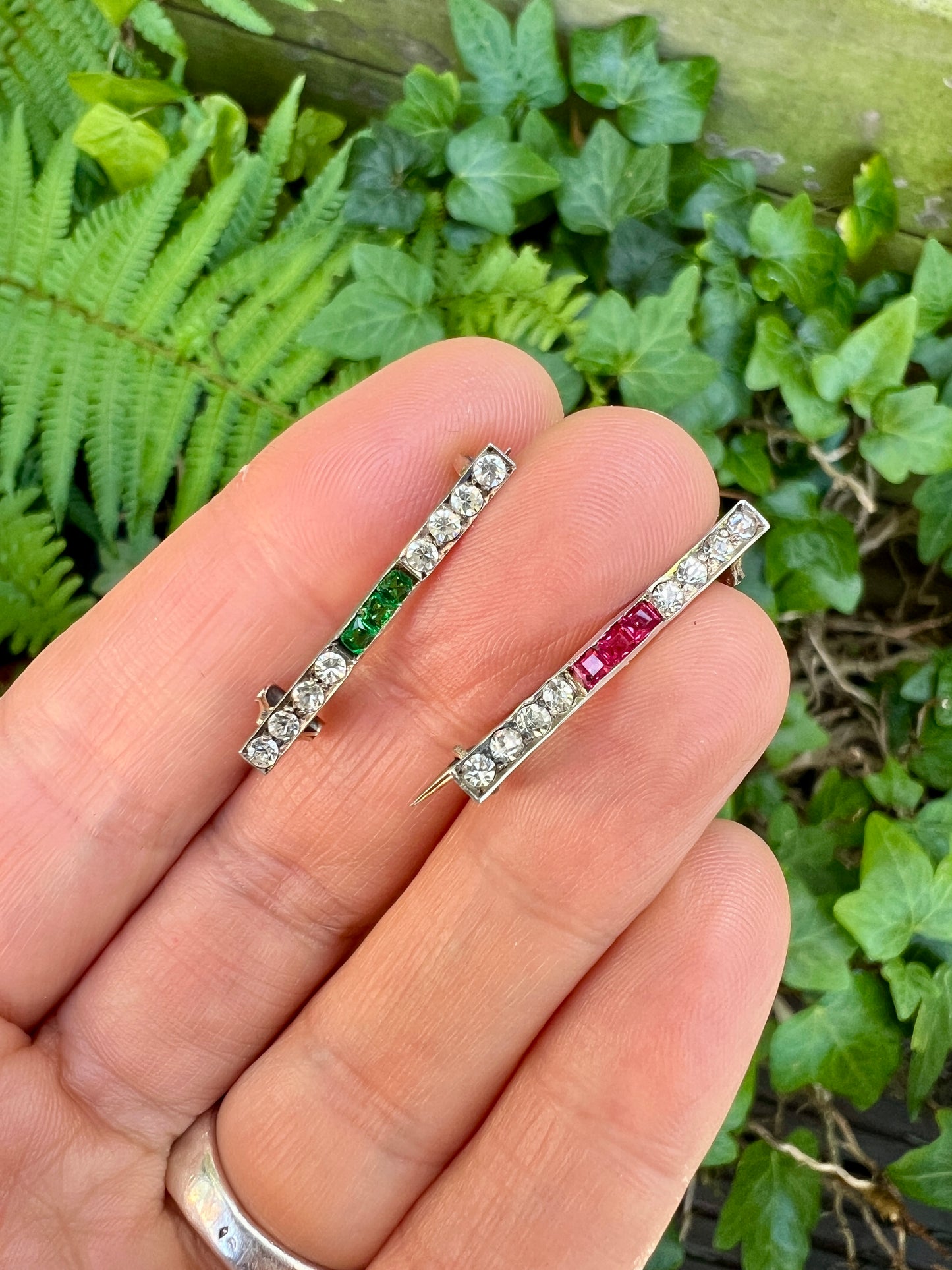 Pair of Small Art Deco Ruby and Emerald Paste Brooches