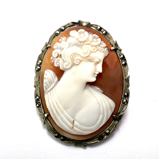 Vintage Silver Marcasite Shell Cameo Brooch