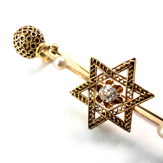 Victorian 18CT Gold Star of David Diamond and Pearl Brooch