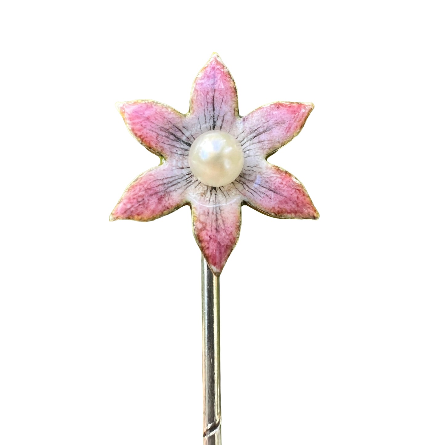 Art Nouveau Enamelled Flower Pearl Gold Stick Pin