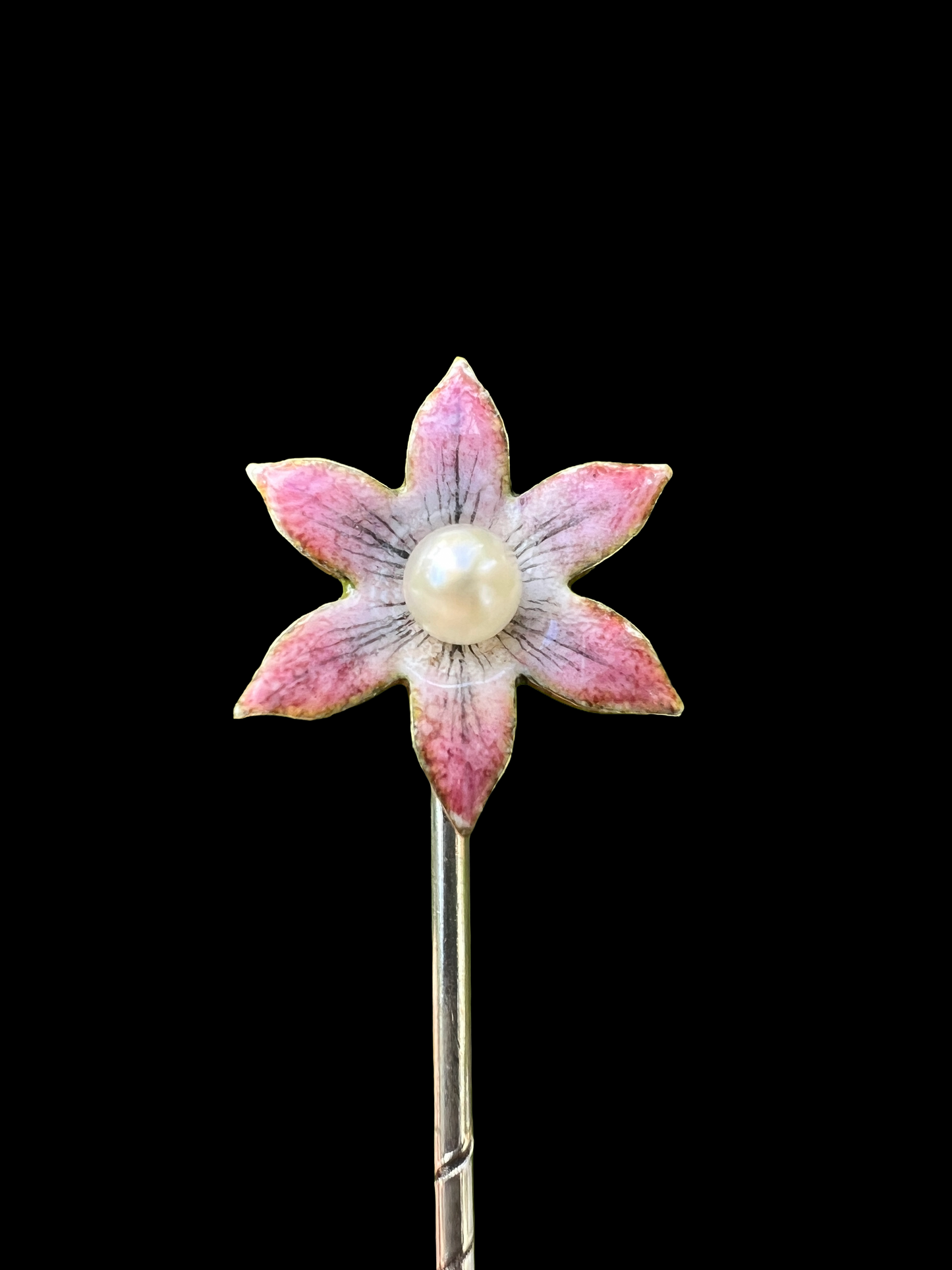 Art Nouveau Enamelled Flower Pearl Gold Stick Pin