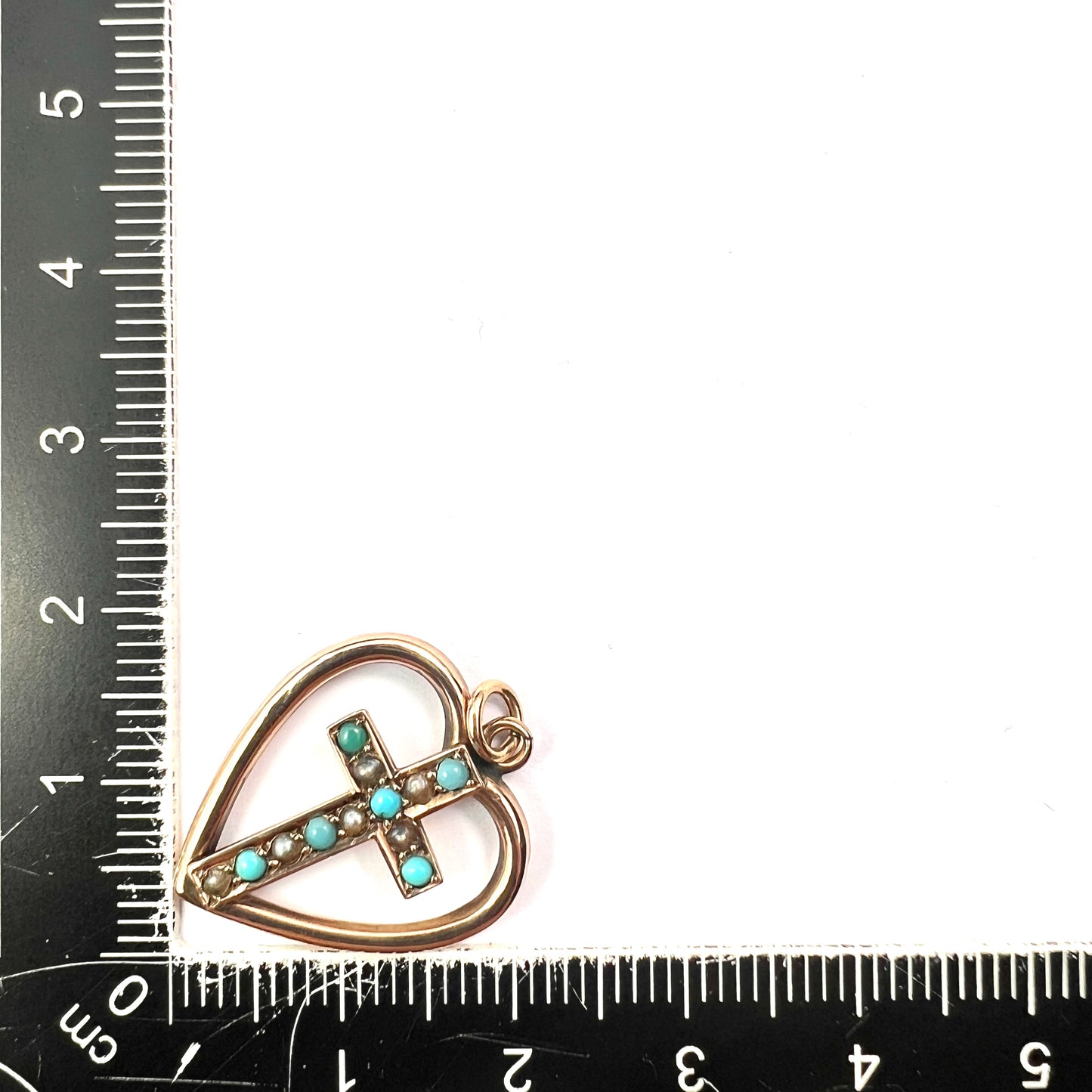 Victorian 9CT Gold Turquoise and Pearl Heart Cross Pendant
