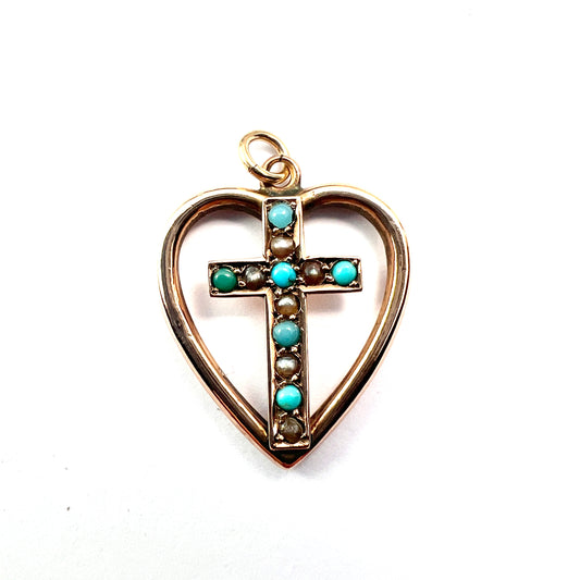 Victorian 9CT Gold Turquoise and Pearl Heart Cross Pendant