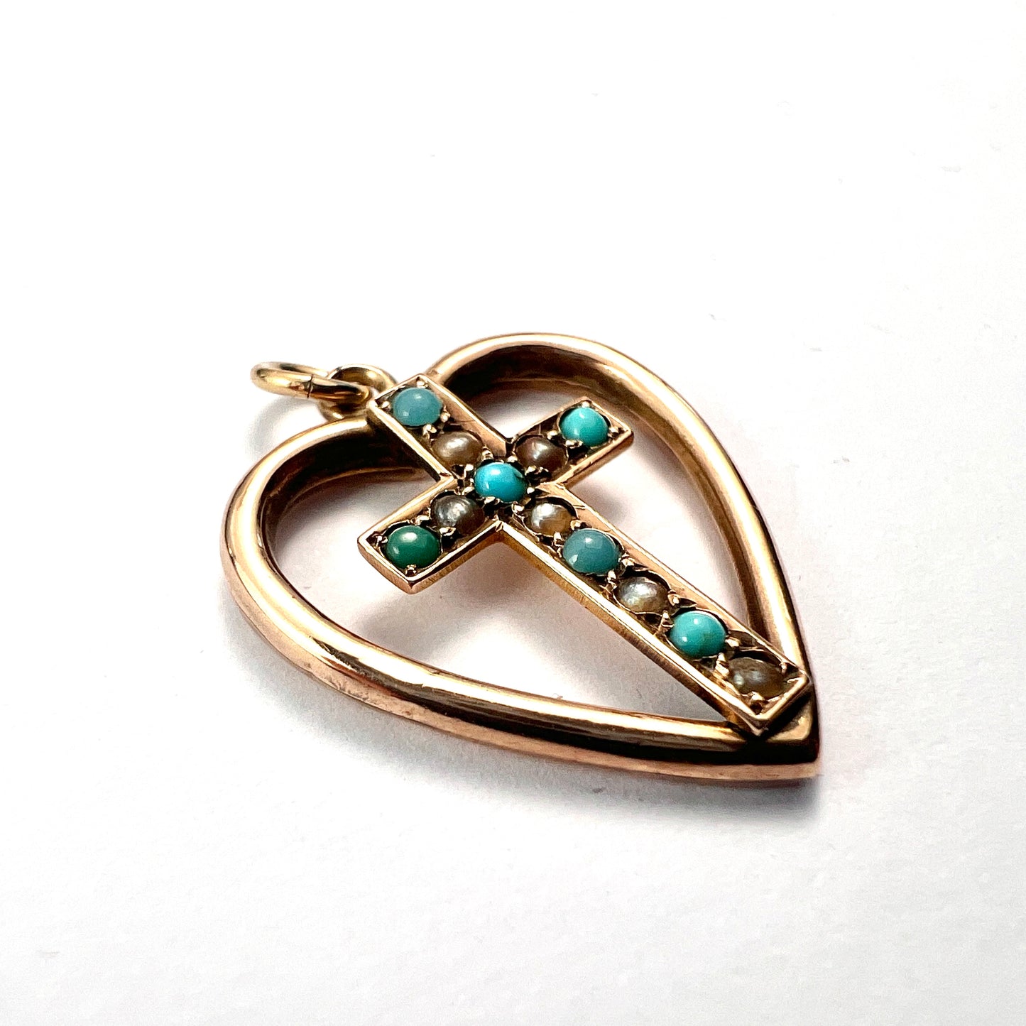 Victorian 9CT Gold Turquoise and Pearl Heart Cross Pendant