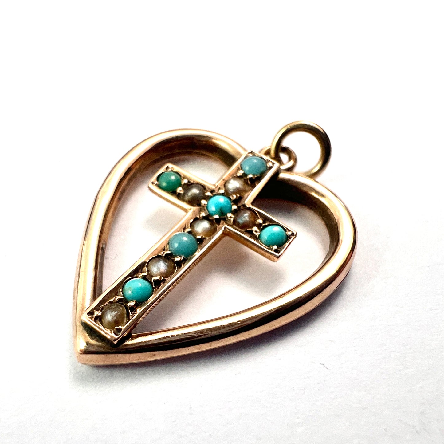 Victorian 9CT Gold Turquoise and Pearl Heart Cross Pendant