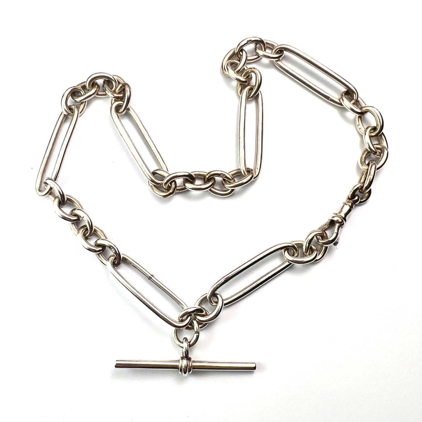 Victorian Sterling Silver Albert Chain with Dog Clip and T Bar