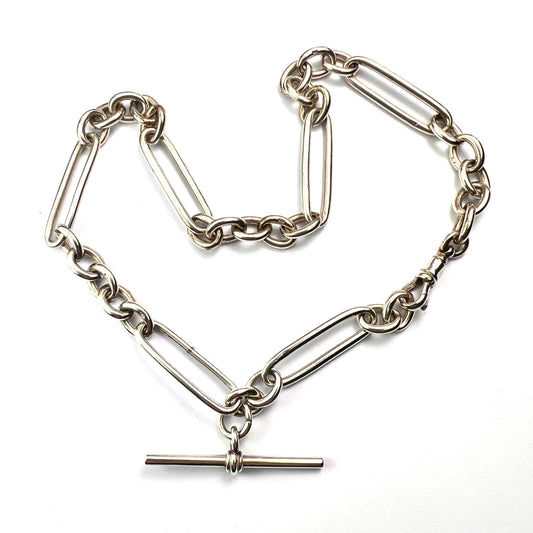 Victorian Sterling Silver Albert Chain with Dog Clip and T Bar