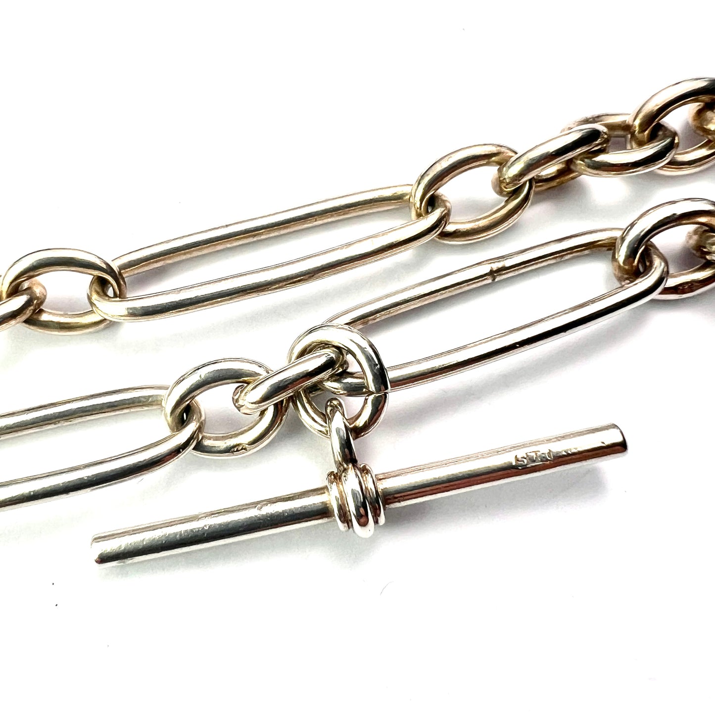 Victorian Sterling Silver Albert Chain with Dog Clip and T Bar