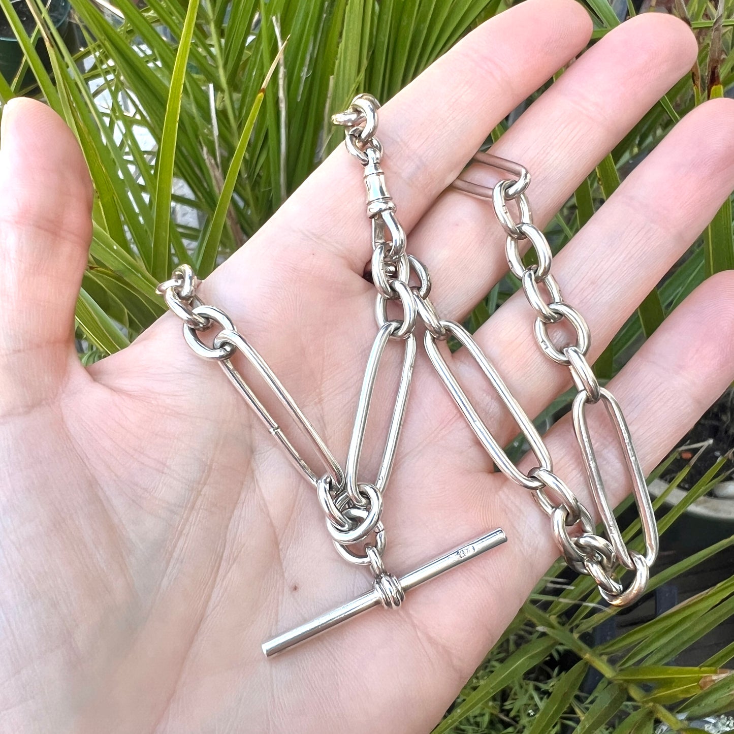 Victorian Sterling Silver Albert Chain with Dog Clip and T Bar