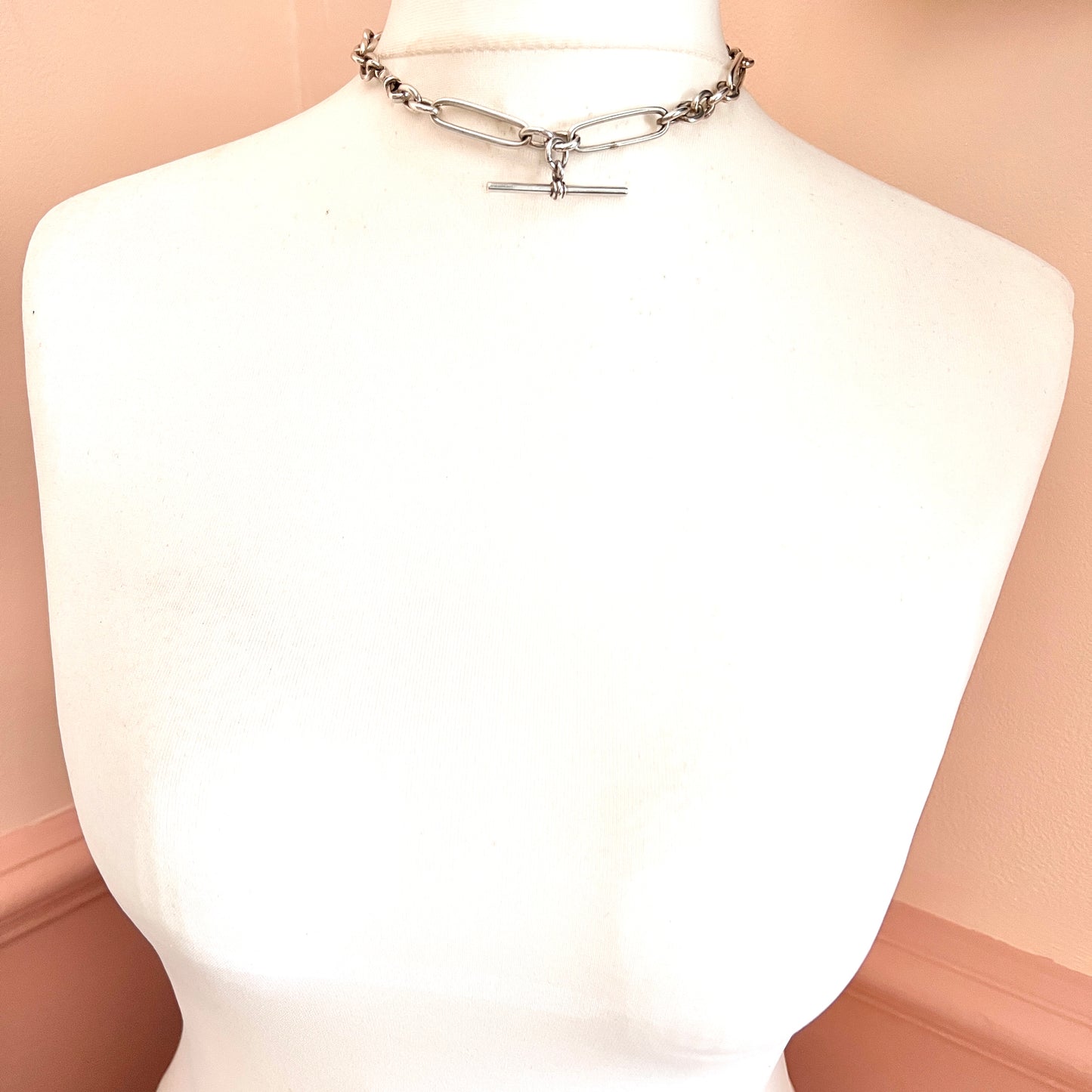 Victorian Sterling Silver Albert Chain with Dog Clip and T Bar