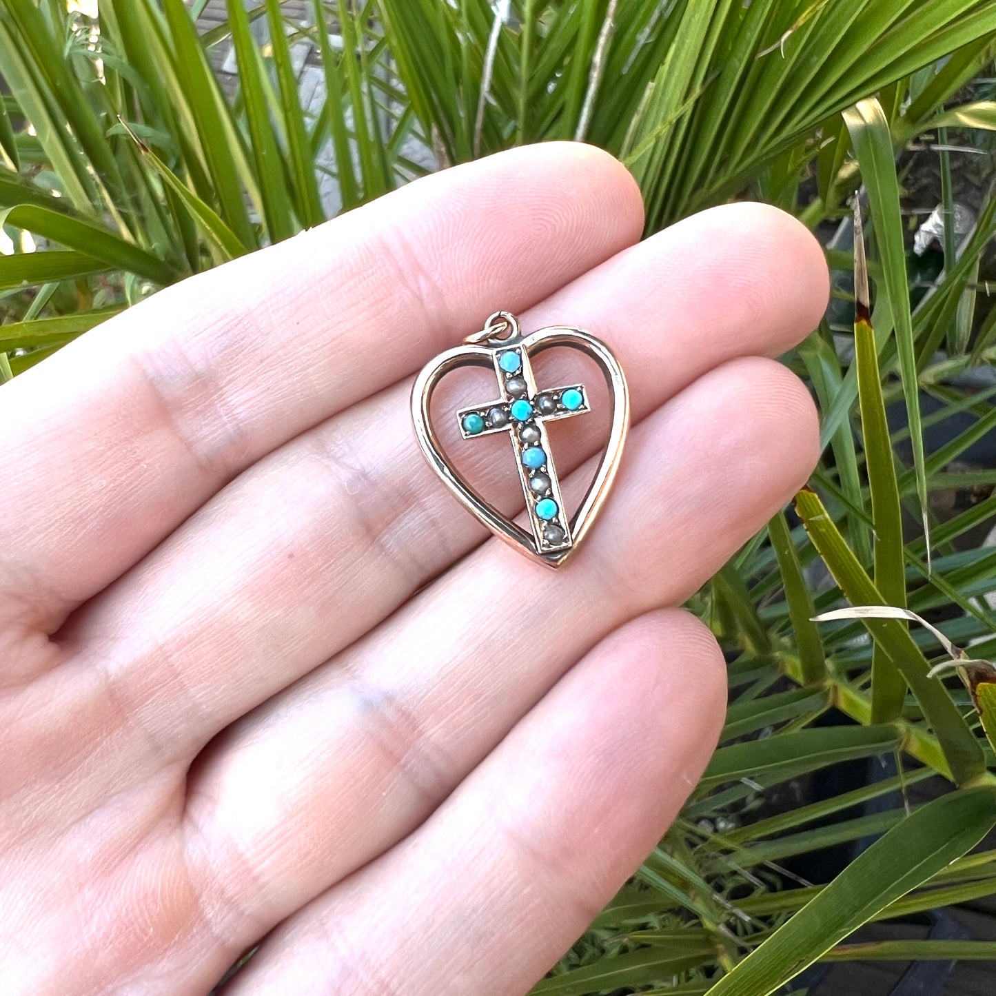 Victorian 9CT Gold Turquoise and Pearl Heart Cross Pendant