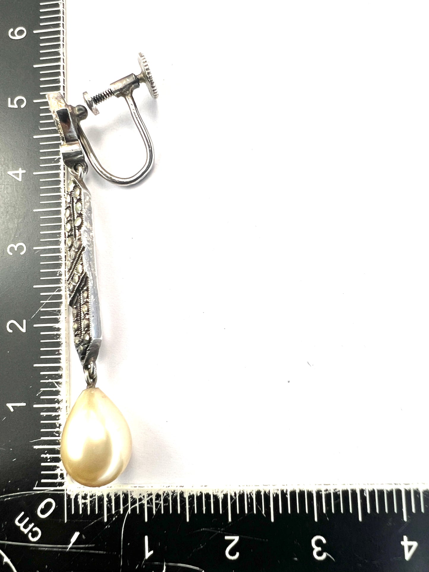 Art Deco Silver Marcasite Pearl Teardrop Screwback Earrings