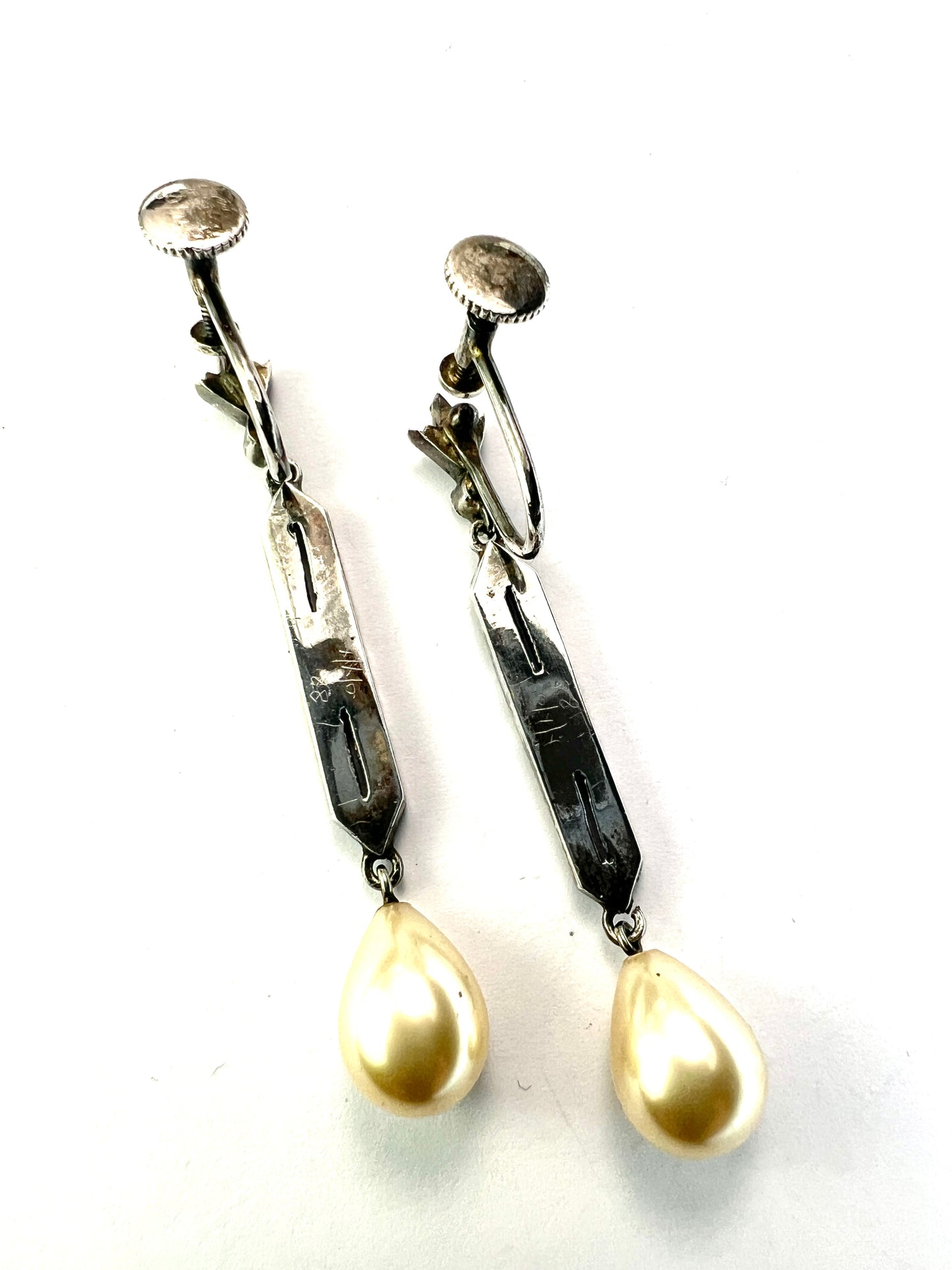 Art Deco Silver Marcasite Pearl Teardrop Screwback Earrings