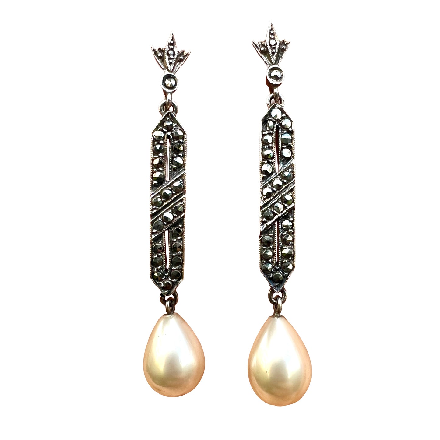 Art Deco Silver Marcasite Pearl Teardrop Screwback Earrings