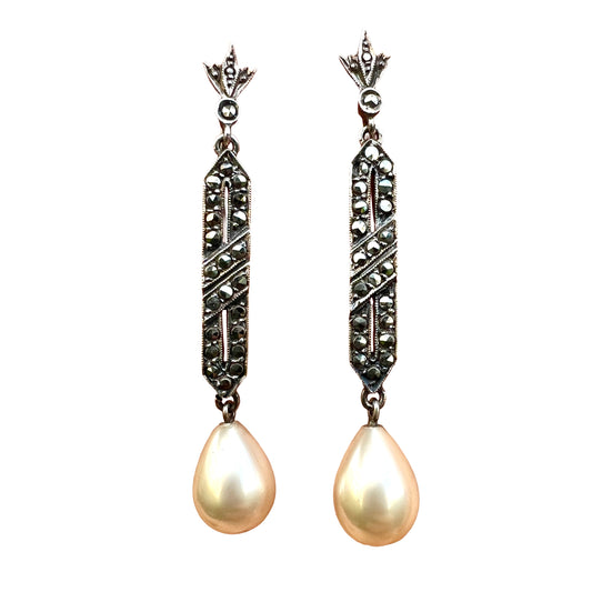 Art Deco Silver Marcasite Pearl Teardrop Screwback Earrings