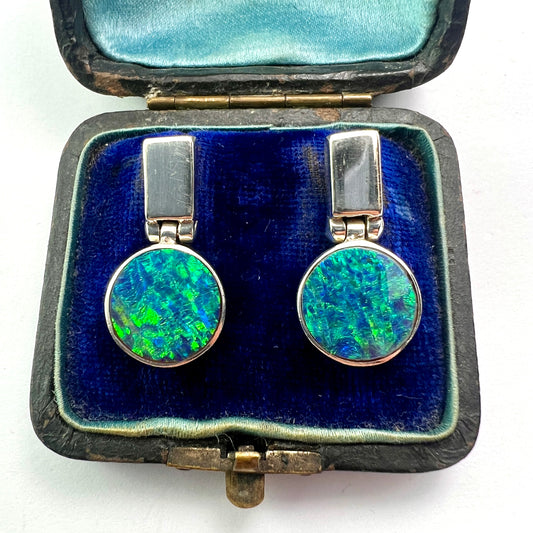 Mexican Vintage Opal Silver Modernist Earrings