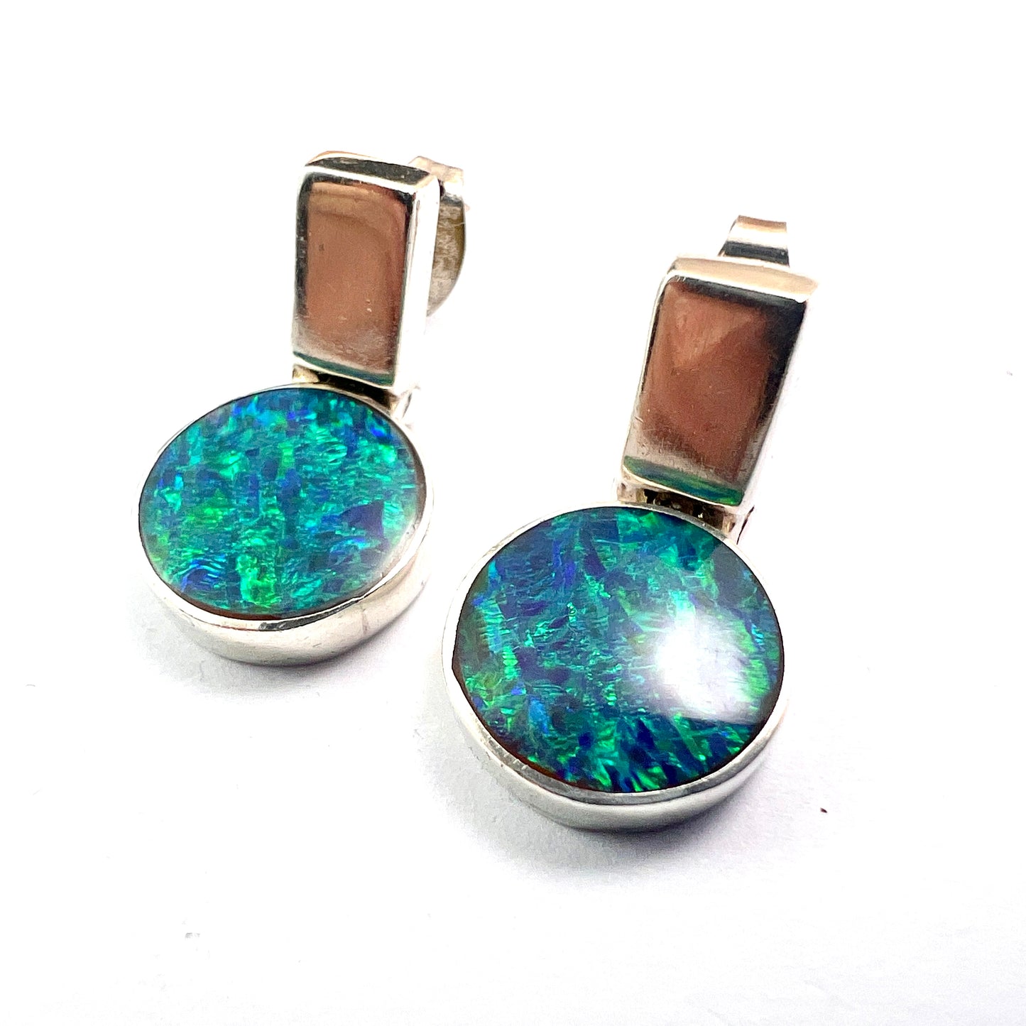 Mexican Vintage Opal Silver Modernist Earrings