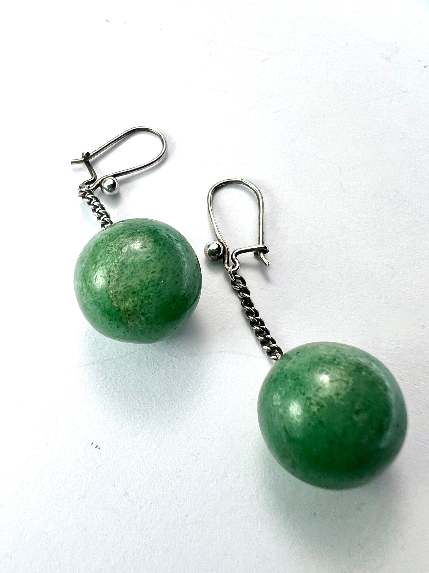 Vintage Aventurine Ball Silver Chain Drop Earrings