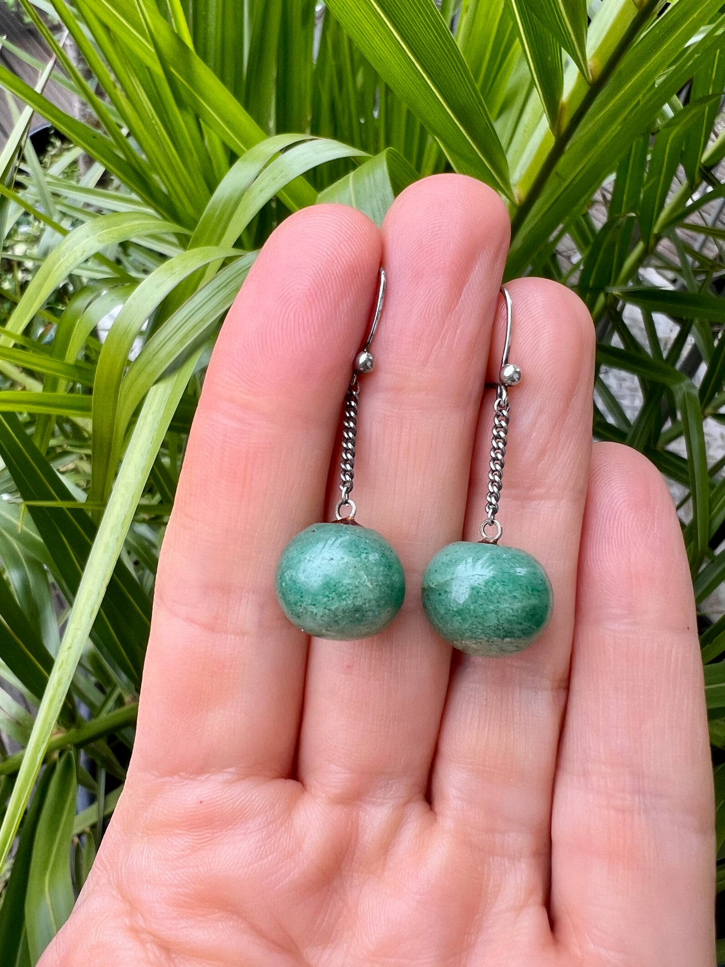 Vintage Aventurine Ball Silver Chain Drop Earrings