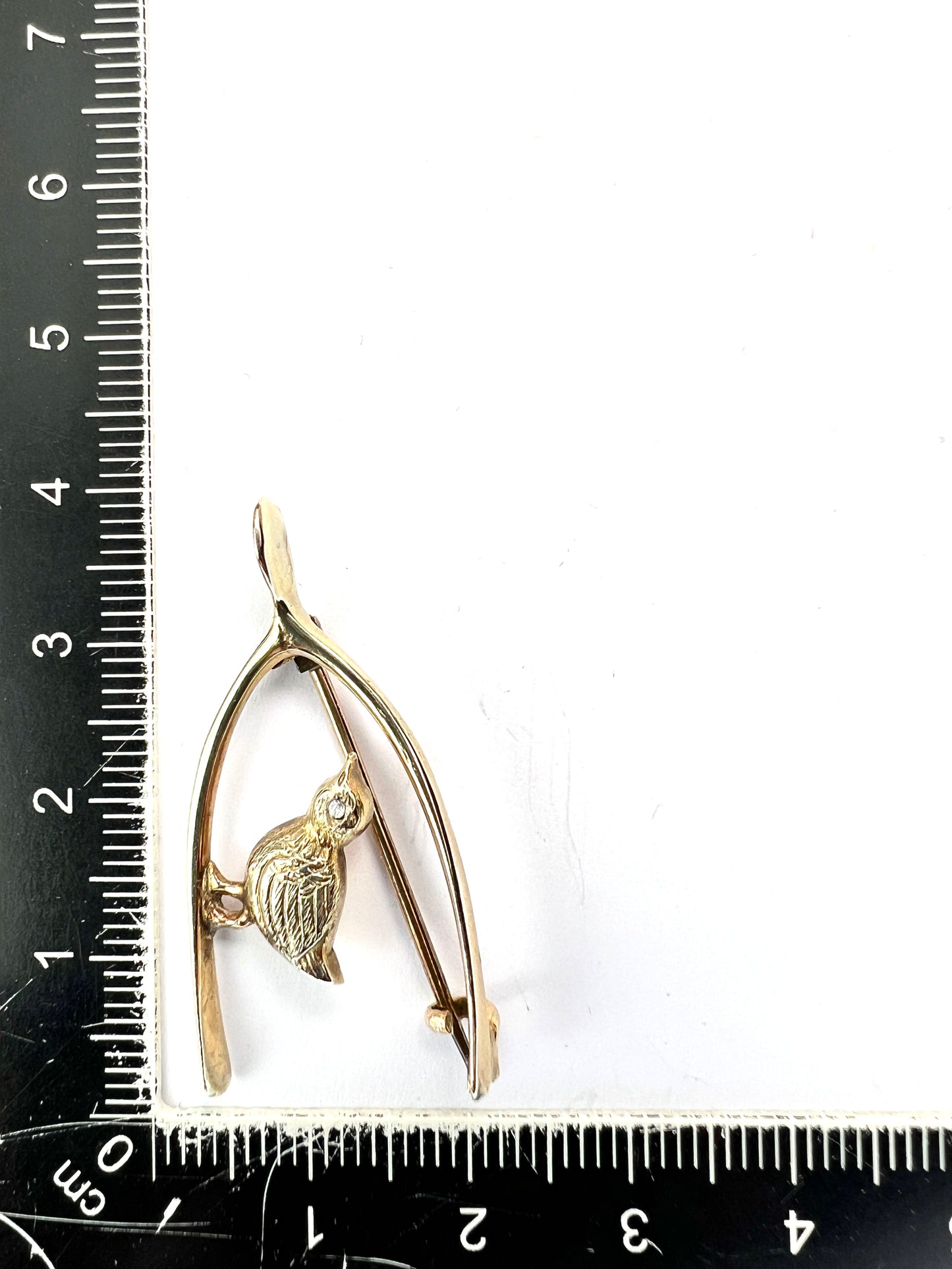 Edwardian 9CT Gold Diamond Chick and Lucky Wishbone Brooch