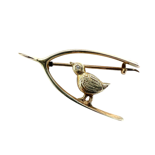 Edwardian 9CT Gold Diamond Chick and Lucky Wishbone Brooch