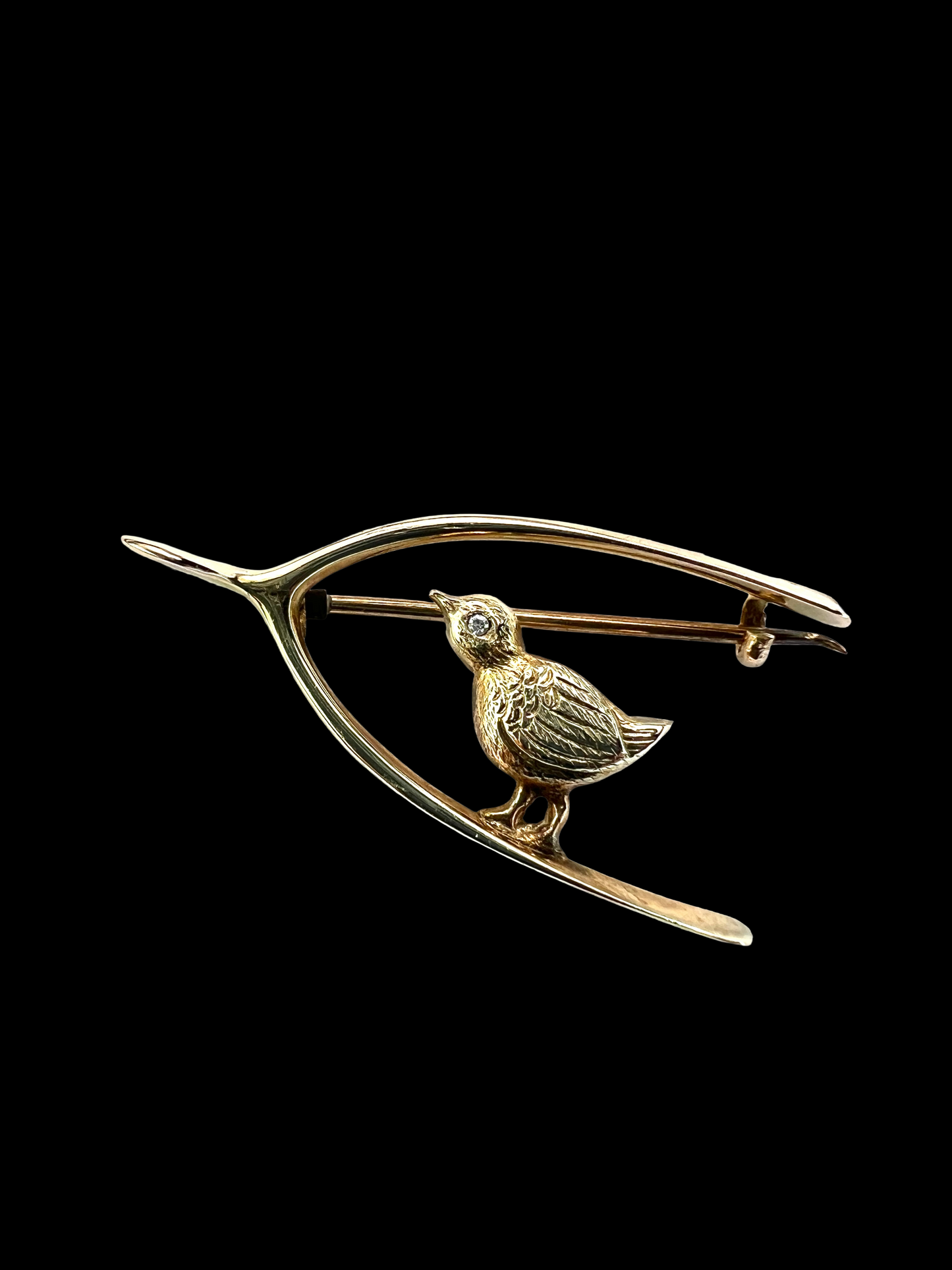 Edwardian 9CT Gold Diamond Chick and Lucky Wishbone Brooch