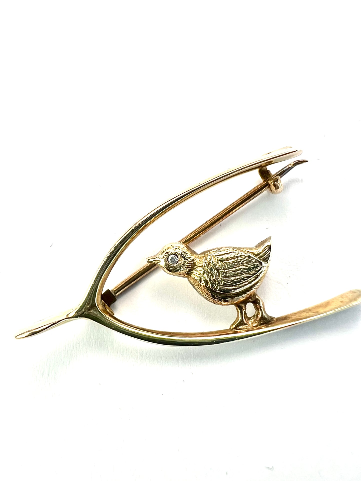 Edwardian 9CT Gold Diamond Chick and Lucky Wishbone Brooch
