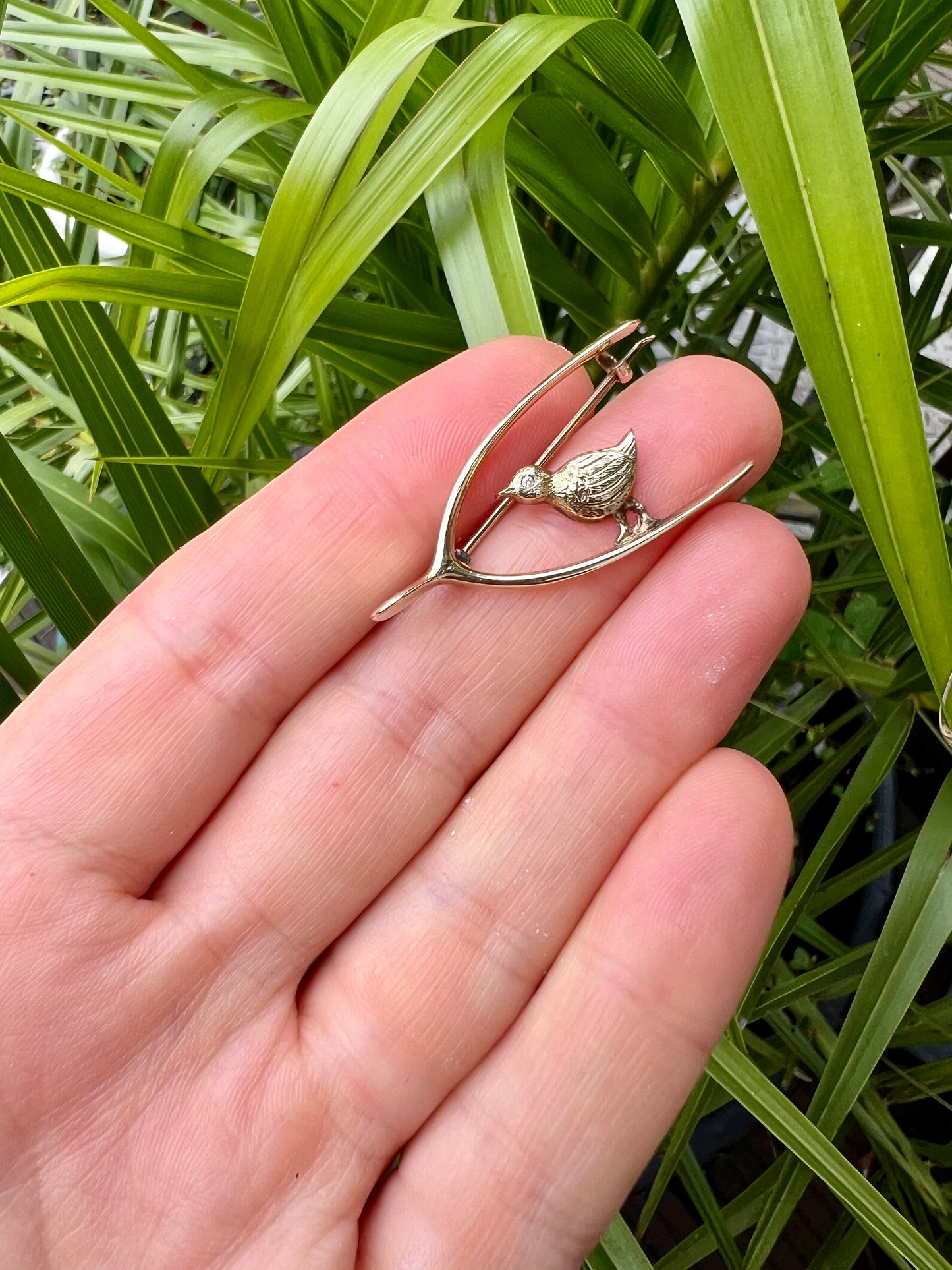 Edwardian 9CT Gold Diamond Chick and Lucky Wishbone Brooch